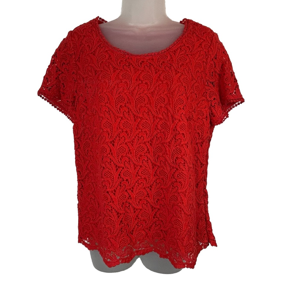 TALBOTS Red COTTON TWILL w/Lace Overlay SIDE-ZIP  BLOUSE TOP Sz‎ 12
